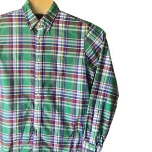 Ralph Lauren Mens Large Green Purple Plaid Cotton Button Down Shirt Long Sleeve